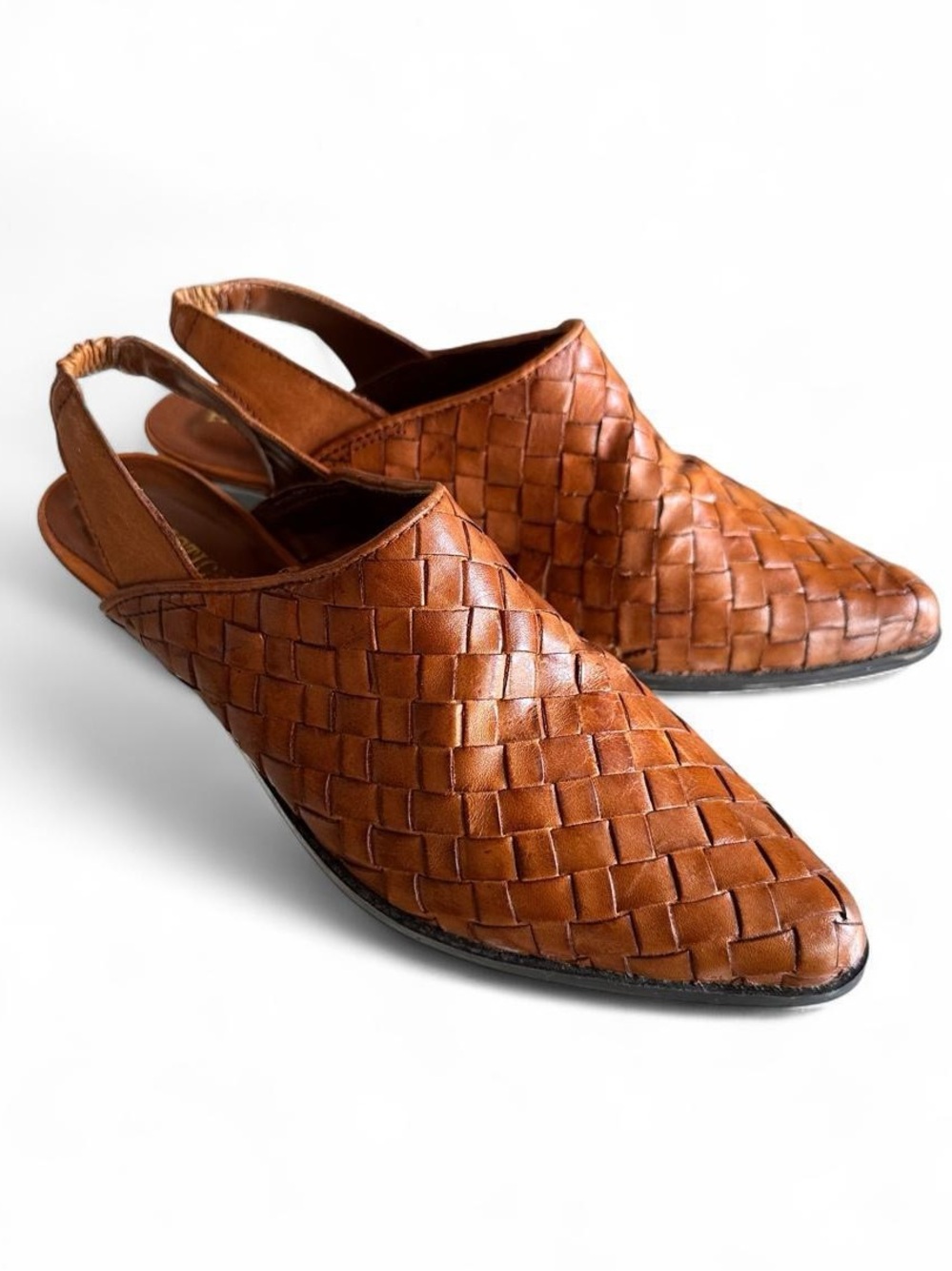 Vintage 90s Woven Leather Slingback Mules - Tan Brown